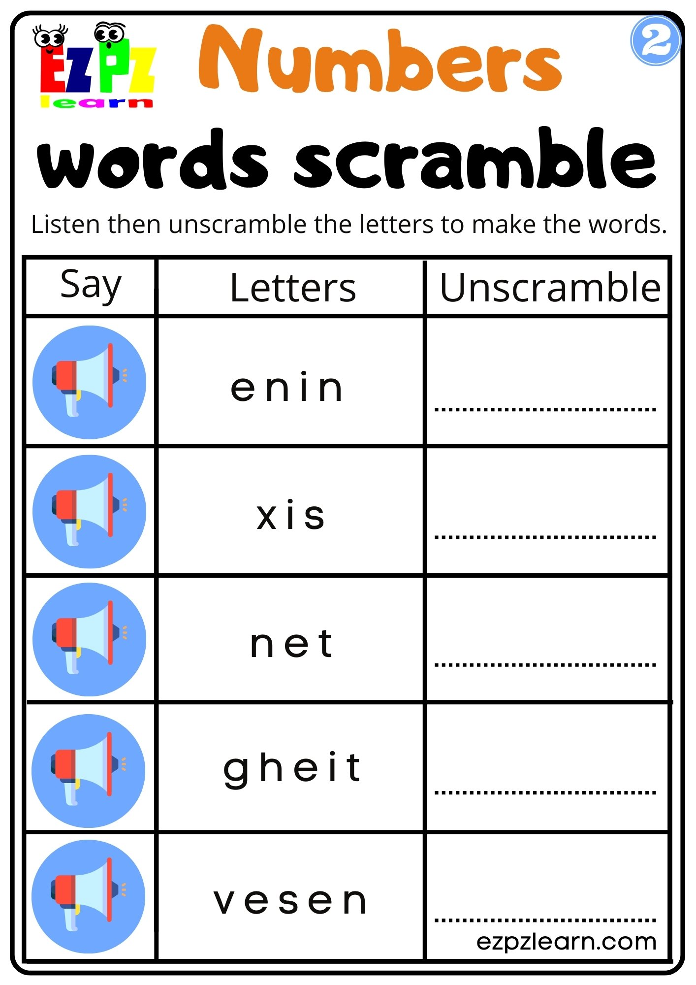 Numbers One to Ten Vocabulary Interactive Worksheet Listen, Unscramble and Write the Words